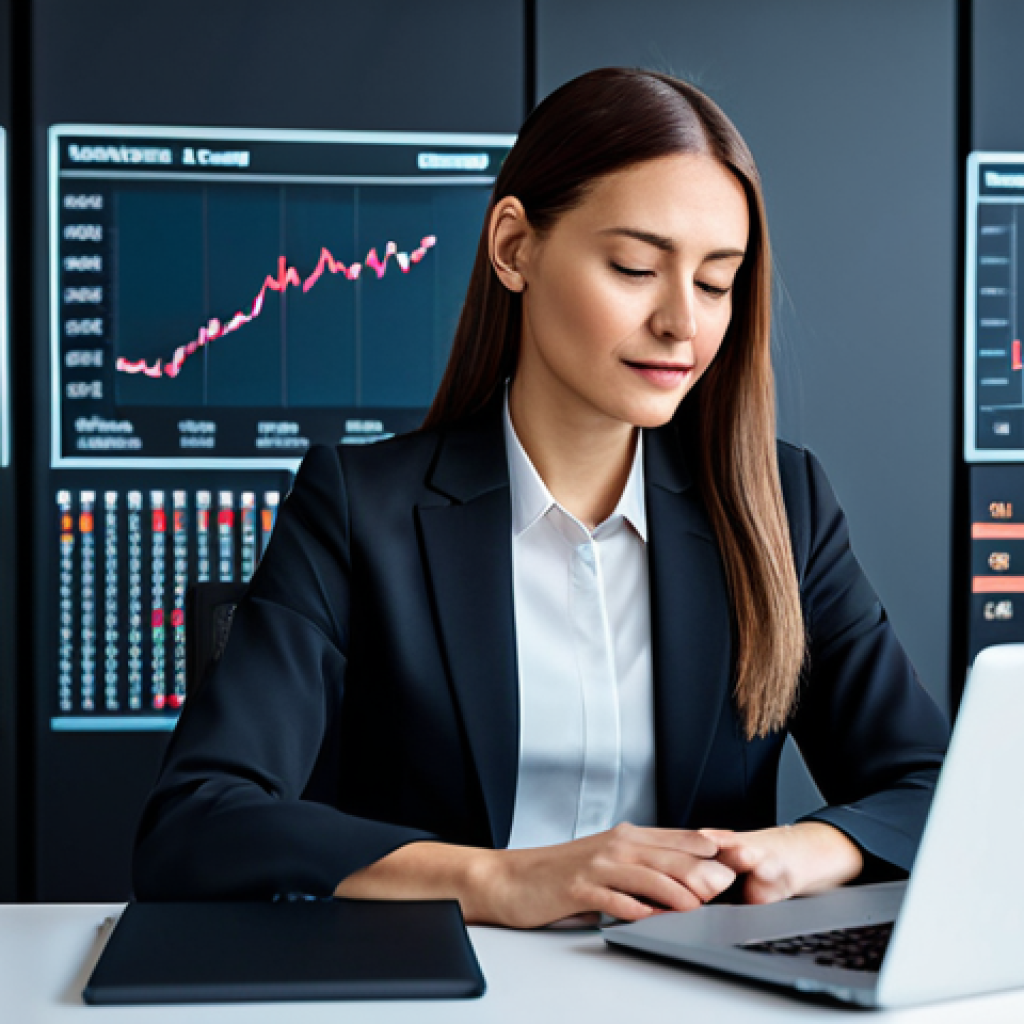 **Prompt:** Modern office setting. A businesswoman in a professional, modest business suit sits at a desk, using a laptop. Background shows charts and graphs representing financial data. "FinTech" concept. Perfect anatomy, natural pose, well-formed hands, safe for work, appropriate content, fully clothed, professional photography, high quality.