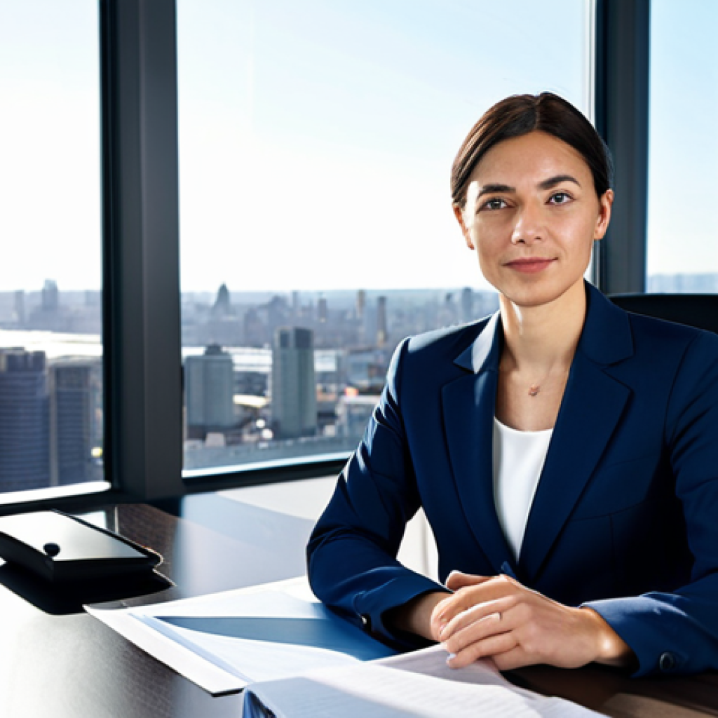재테크용 AI 서비스 추천 - Businesswoman in Office**
A professional businesswoman in a modest dark blue business suit, sitting...