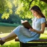 AI 주식 트렌드 예측 - A young woman with long, flowing brown hair, dressed in a comfortable, stylish sundress, sits on a w...