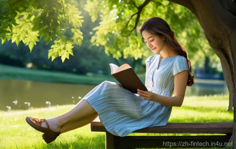 AI 주식 트렌드 예측 - A young woman with long, flowing brown hair, dressed in a comfortable, stylish sundress, sits on a w...